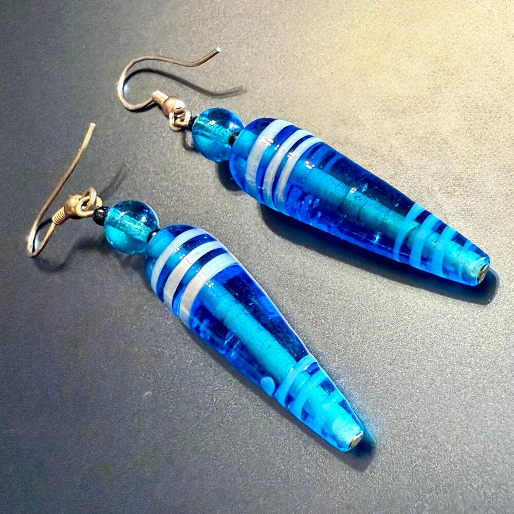 Artisan Handcrafted Long Electric Blue Glass Drop Earrings